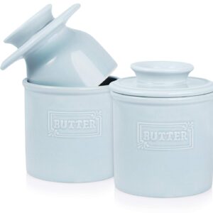 AVLA 2 Pack Ceramic Butter Crock, French Butter Dish with Water Line, Butter Keeper Butter Container for Countertop, Big Capacity, Aqua Blue