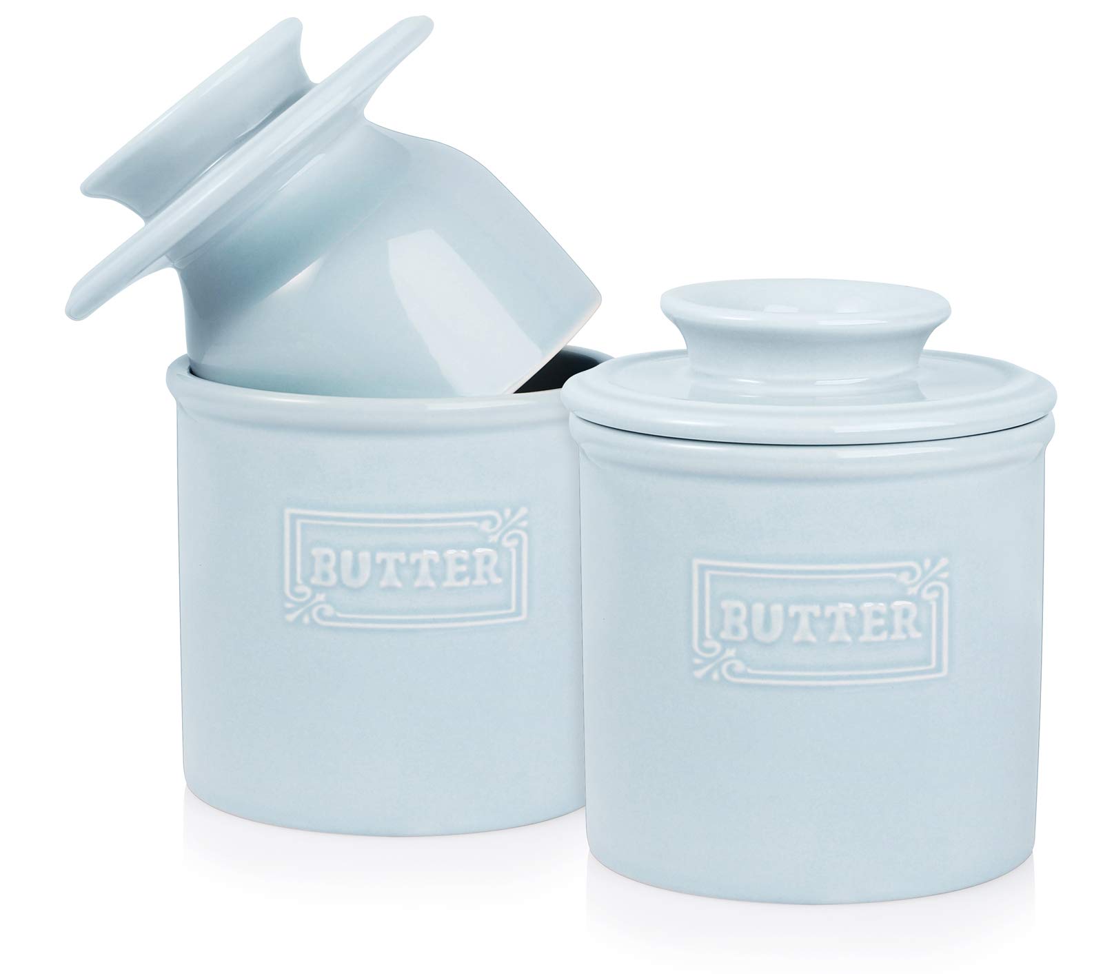 AVLA 2 Pack Ceramic Butter Crock, French Butter Dish with Water Line, Butter Keeper Butter Container for Countertop, Big Capacity, Aqua Blue