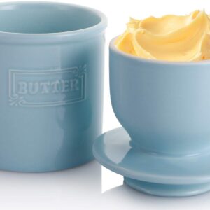 AVLA 2 Pack Ceramic Butter Crock, French Butter Dish with Water Line, Butter Keeper Butter Container for Countertop, Big Capacity, Aqua Blue