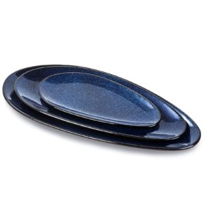 vicrays large oval serving platters, 16"/14"/10" porcelain serving platters for party, bbq,stackable serving trays serving plates for appetizers, sushi, restaurant, dessert, set of 3 (blue)