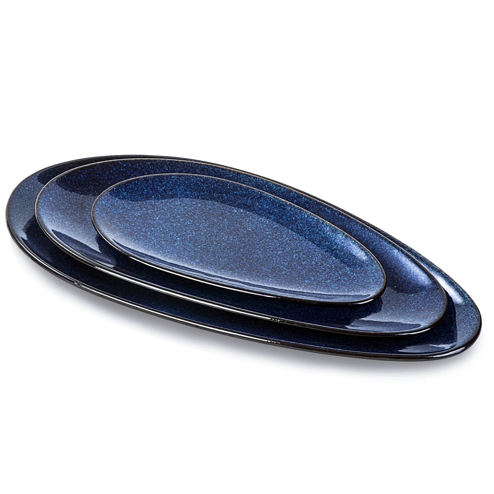 vicrays Large Oval Serving Platters, 16"/14"/10" Porcelain Serving Platters for Party, BBQ,Stackable Serving Trays Serving Plates for Appetizers, Sushi, Restaurant, Dessert, Set of 3 (Blue)