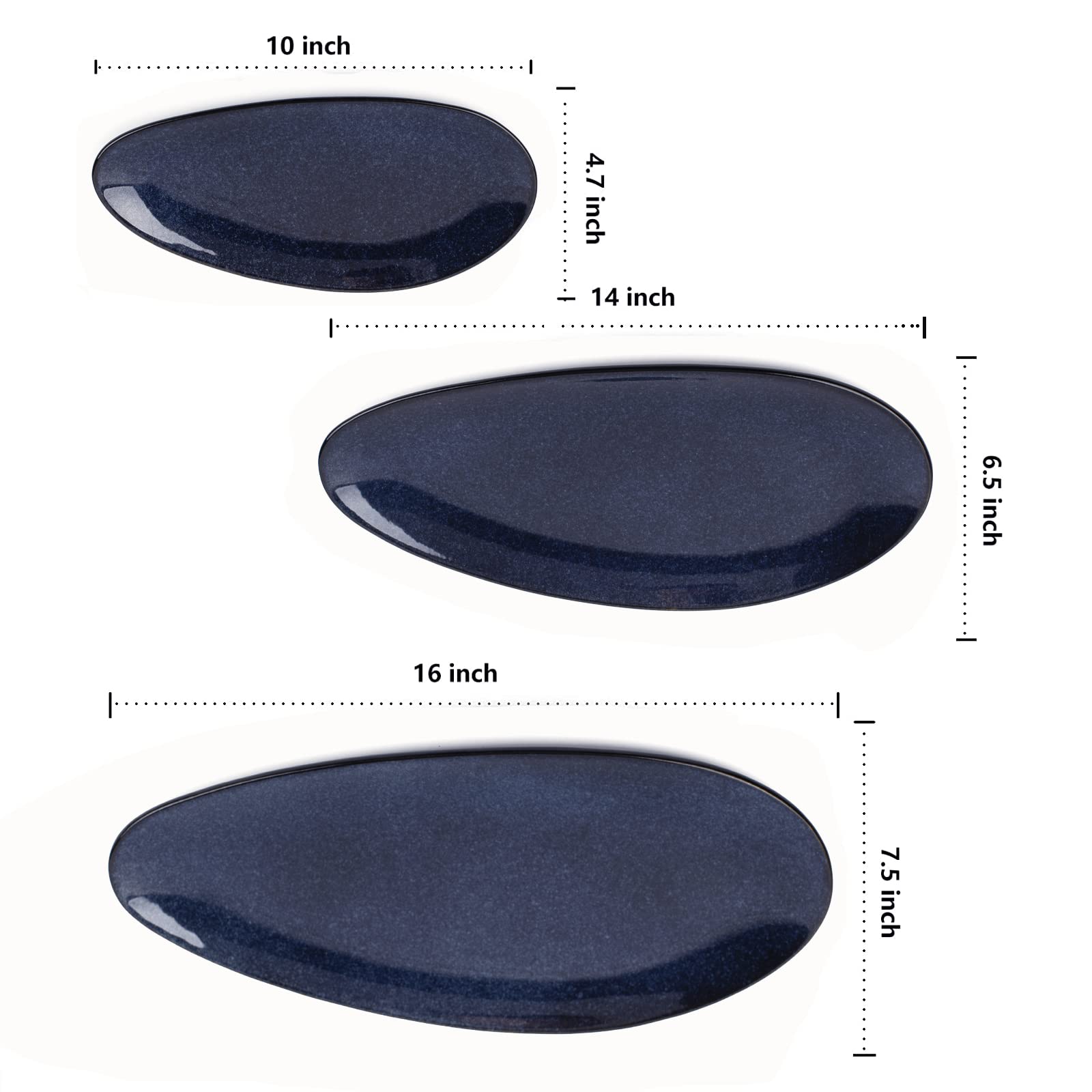 vicrays Large Oval Serving Platters, 16"/14"/10" Porcelain Serving Platters for Party, BBQ,Stackable Serving Trays Serving Plates for Appetizers, Sushi, Restaurant, Dessert, Set of 3 (Blue)