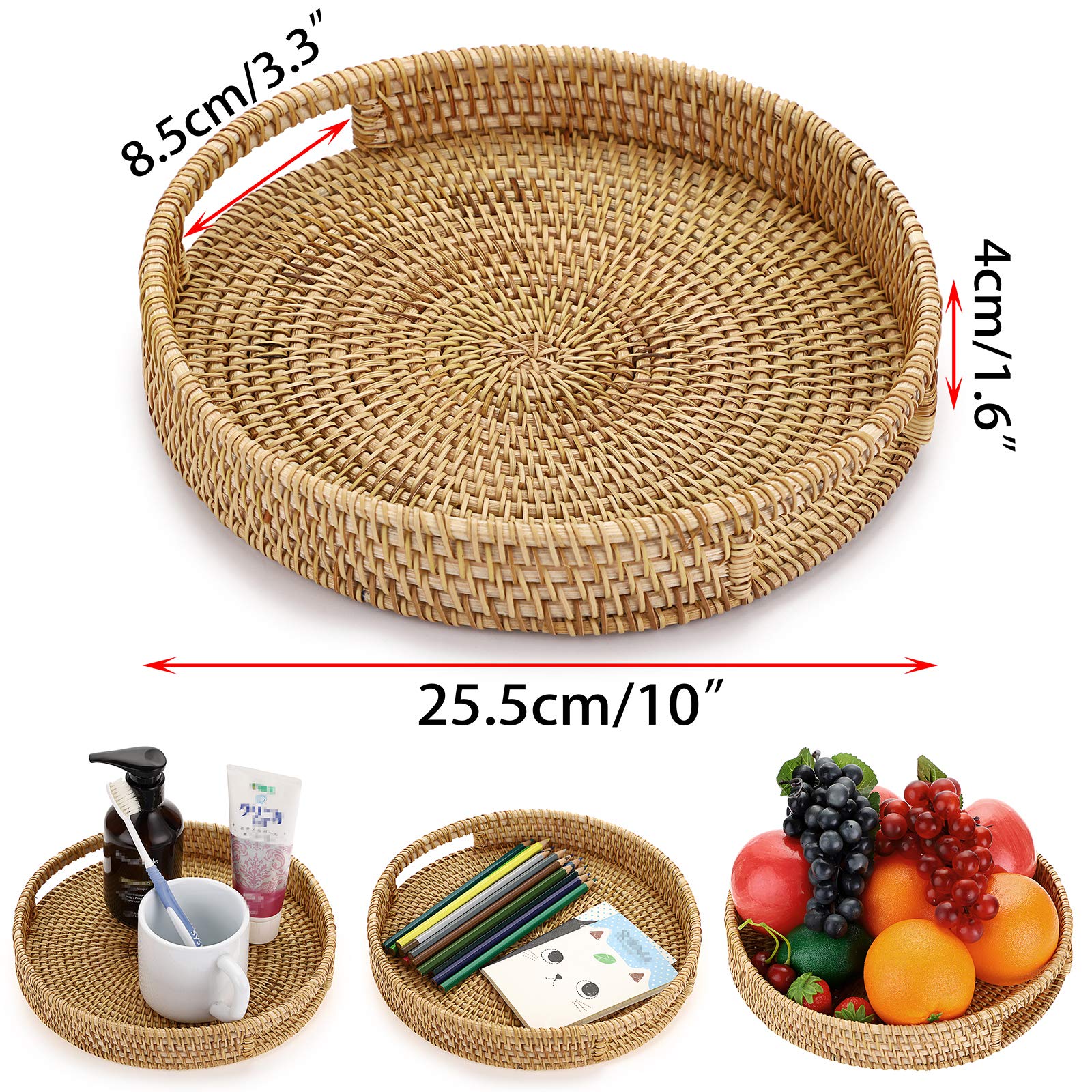 Hipiwe 10" Round Rattan Serving Tray with Handles, Hand-Woven Decorative Organizer Tray for Storage Breakfast Drinks Snack, Centerpiece Fruit Basket for Home Decoration, Small