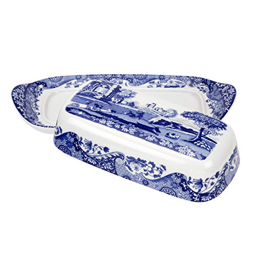 Spode Blue Italian Collection Butter Dish | Made of Porcelain | Butter Dish with Lid | Covered Butter Keeper for Kitchen | 8 Inches | Dishwasher Safe | Blue/White