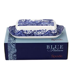 Spode Blue Italian Collection Butter Dish | Made of Porcelain | Butter Dish with Lid | Covered Butter Keeper for Kitchen | 8 Inches | Dishwasher Safe | Blue/White