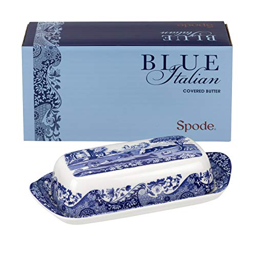 Spode Blue Italian Collection Butter Dish | Made of Porcelain | Butter Dish with Lid | Covered Butter Keeper for Kitchen | 8 Inches | Dishwasher Safe | Blue/White