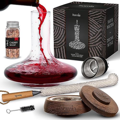 2-in-1 Decanter Set + Whisky and Wine Wooden Smoker - 60 fl oz, Glass Decanter - Scotch, Bourbon, Red Wine Handmade Decanter Set - Gift for Men - Uncommon Gift for Him