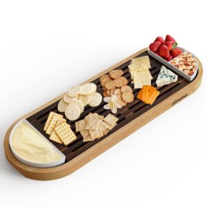 bread board and appetizer serving tray with dipping bowls. wooden serving platter ideal for cheese, charcuterie, fruit, snacks, chip and dip. perfect wedding or housewarming gift by ziruma.