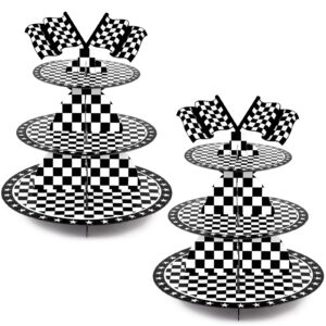 2 set 3-tier race car cupcake stand round cardboard cupcake tower race car party decorations dessert holder for kids boys two fast birthday baby shower black and white checkered party supplies