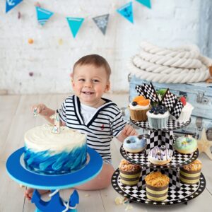 2 Set 3-Tier Race Car Cupcake Stand Round Cardboard Cupcake Tower Race Car Party Decorations Dessert Holder for Kids Boys Two Fast Birthday Baby Shower Black and White Checkered Party Supplies