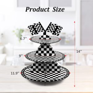 2 Set 3-Tier Race Car Cupcake Stand Round Cardboard Cupcake Tower Race Car Party Decorations Dessert Holder for Kids Boys Two Fast Birthday Baby Shower Black and White Checkered Party Supplies