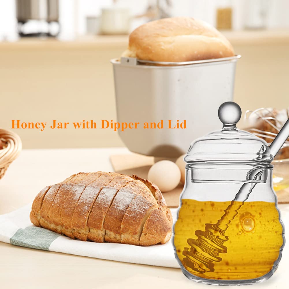 Forart Honey Jar with Dipper and Lid Glass Handmade Honey Pot Glass Made Honey Dipper and Honey Pot Heat-Resistant 11/14 oz Beehive Honey Pot for Home Kitchen