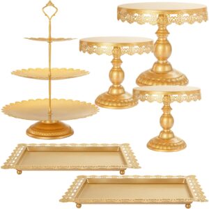 gold cake stand set, 6 pcs metal antique-inspired cake stands for dessert table display set with cake pop stand, cupcake tower, treats candy station for baby shower birthday party decor