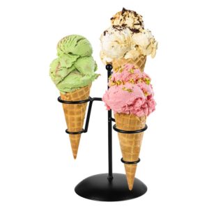 black iron ice cream cone holder stand with base 3 holes to display snow cones sushi hand rolls popcorn candy french fries sweets savory