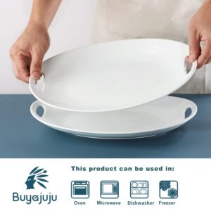 Buyajuju Porcelain Serving Platter with Handles, 14" Serving Dishes for Entertaining, Oval Serving Tray for Salad, Stew, Fruits and Pasta, Set of 2, White