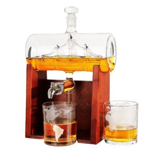 whiskey & wine decanter set 1250ml with 2 whiskey glasses, liquor dispenser for home bar, ship whiskey & wine decanter - gift for dad, husband or boyfriend - the wine savant lead-free crystal glass