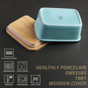 Sweejar Porcelain Butter Dish with Lid, Airtight Large Butter Keeper with Wooden Lid, Butter Container Perfect for 2 Sticks of Butter West or East Coast Butter(Turquoise)