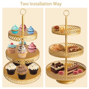 weharnar Cupcake Stand - 3 Tier Metal Cupcake Tower - Dessert Table Display Set Round Cake Holder Tiered Serving Tray for Cup Cakes Desserts Fruits Candy Cookie Buffet, Gold