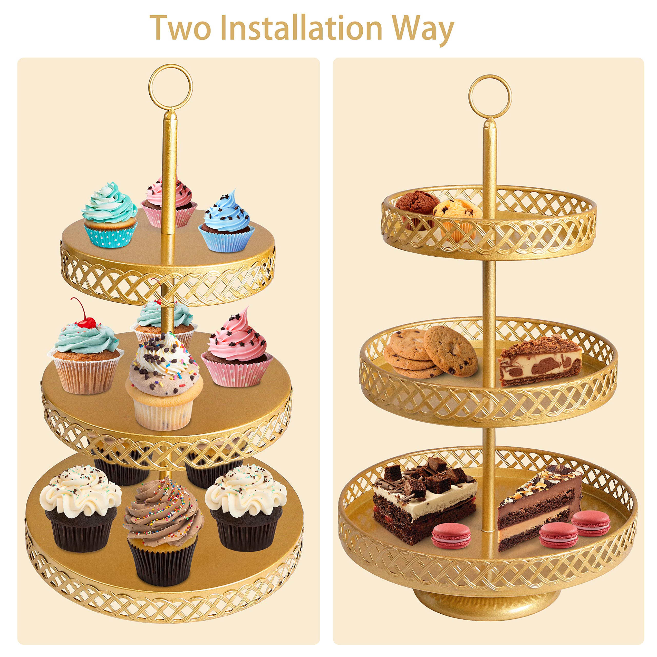 weharnar Cupcake Stand - 3 Tier Metal Cupcake Tower - Dessert Table Display Set Round Cake Holder Tiered Serving Tray for Cup Cakes Desserts Fruits Candy Cookie Buffet, Gold