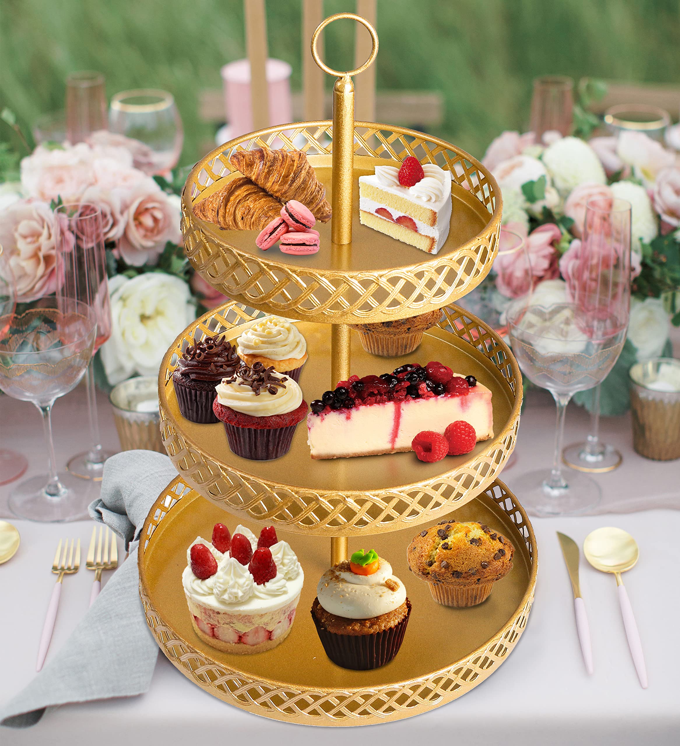 weharnar Cupcake Stand - 3 Tier Metal Cupcake Tower - Dessert Table Display Set Round Cake Holder Tiered Serving Tray for Cup Cakes Desserts Fruits Candy Cookie Buffet, Gold