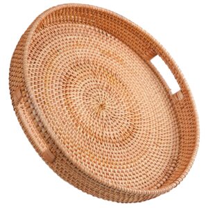 homessent round rattan tray 11.81x 2.4 inches -natural rustic & sturdy wicker tray with cut-out handles - hand woven tray for storage & decoration – basket tray for serving coffee, fruits & drinks