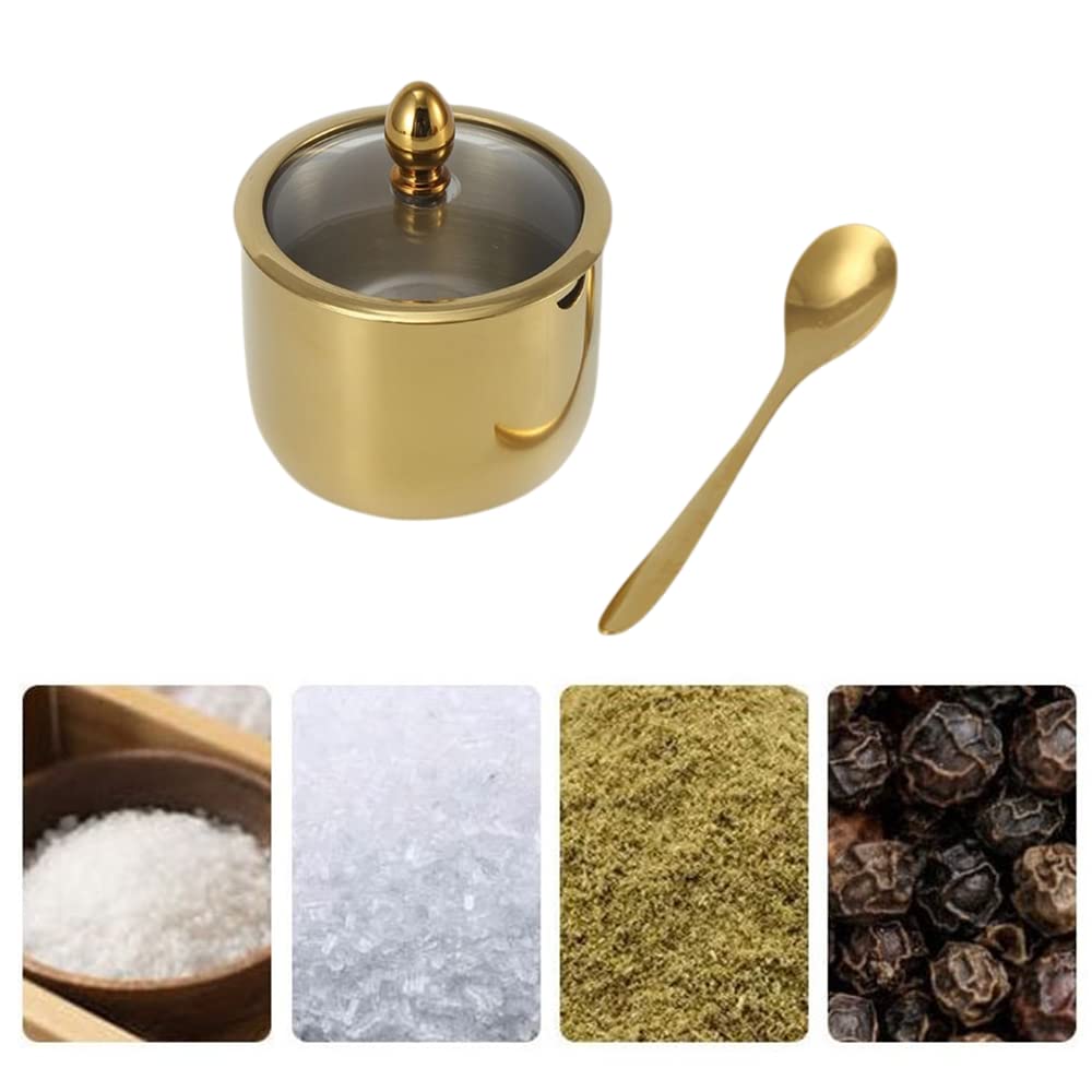 2 Pcs Stainless Steel Seasoning Box,Spice pot seasoning bottle Salt Pepper sugar storage bottle With Spoon and Clear Lid for home and kitchen (gold)