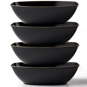 posh setting oval serving bowls, black/gold rim plastic serving bowls, 4 pack, 72 ounce large plastic disposable party snack, buffet, chips, or salad bowl, heavy duty