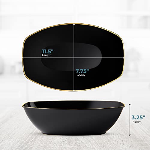 Posh Setting Oval Serving Bowls, Black/Gold Rim Plastic Serving Bowls, 4 Pack, 72 Ounce Large Plastic Disposable Party Snack, Buffet, Chips, or Salad Bowl, Heavy Duty