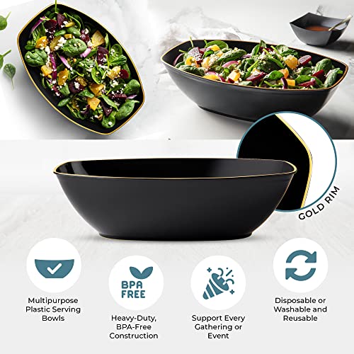 Posh Setting Oval Serving Bowls, Black/Gold Rim Plastic Serving Bowls, 4 Pack, 72 Ounce Large Plastic Disposable Party Snack, Buffet, Chips, or Salad Bowl, Heavy Duty