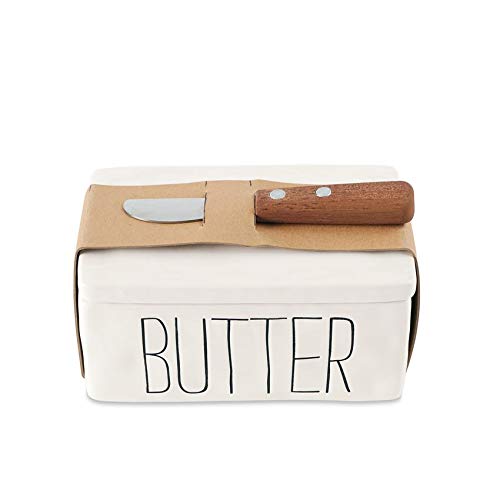 Mud Pie Bistro Butter Dish and Spreader Set, Assembled 3" x 6" x 4", 5", White