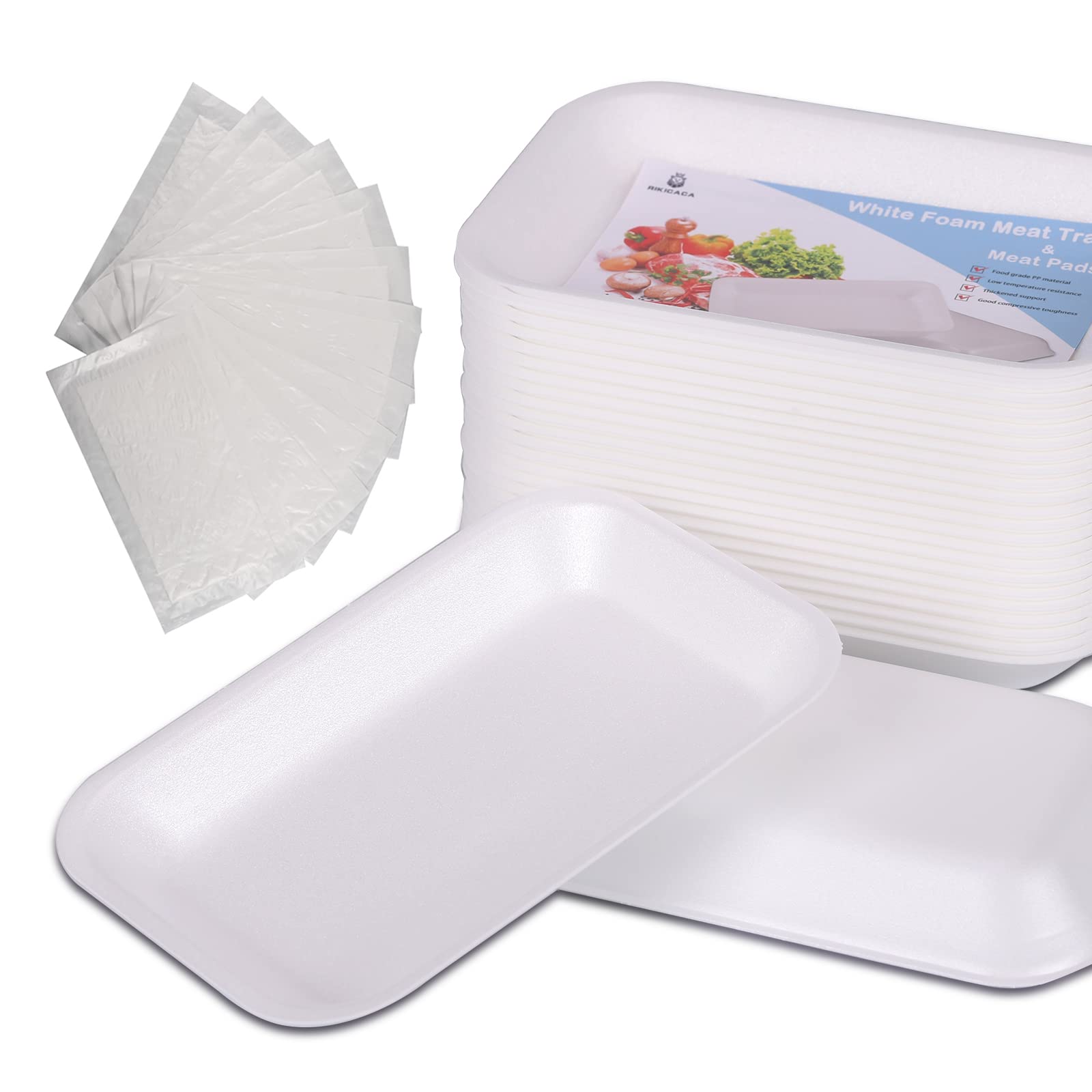 RIKICACA White Styrofoam Meat Trays (25pcs/Pack - 7.87" x 5.11" x 0.9") with White Meat Absorbent Pad, Disposable Small Foam Meat Trays for Food.