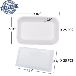 RIKICACA White Styrofoam Meat Trays (25pcs/Pack - 7.87" x 5.11" x 0.9") with White Meat Absorbent Pad, Disposable Small Foam Meat Trays for Food.