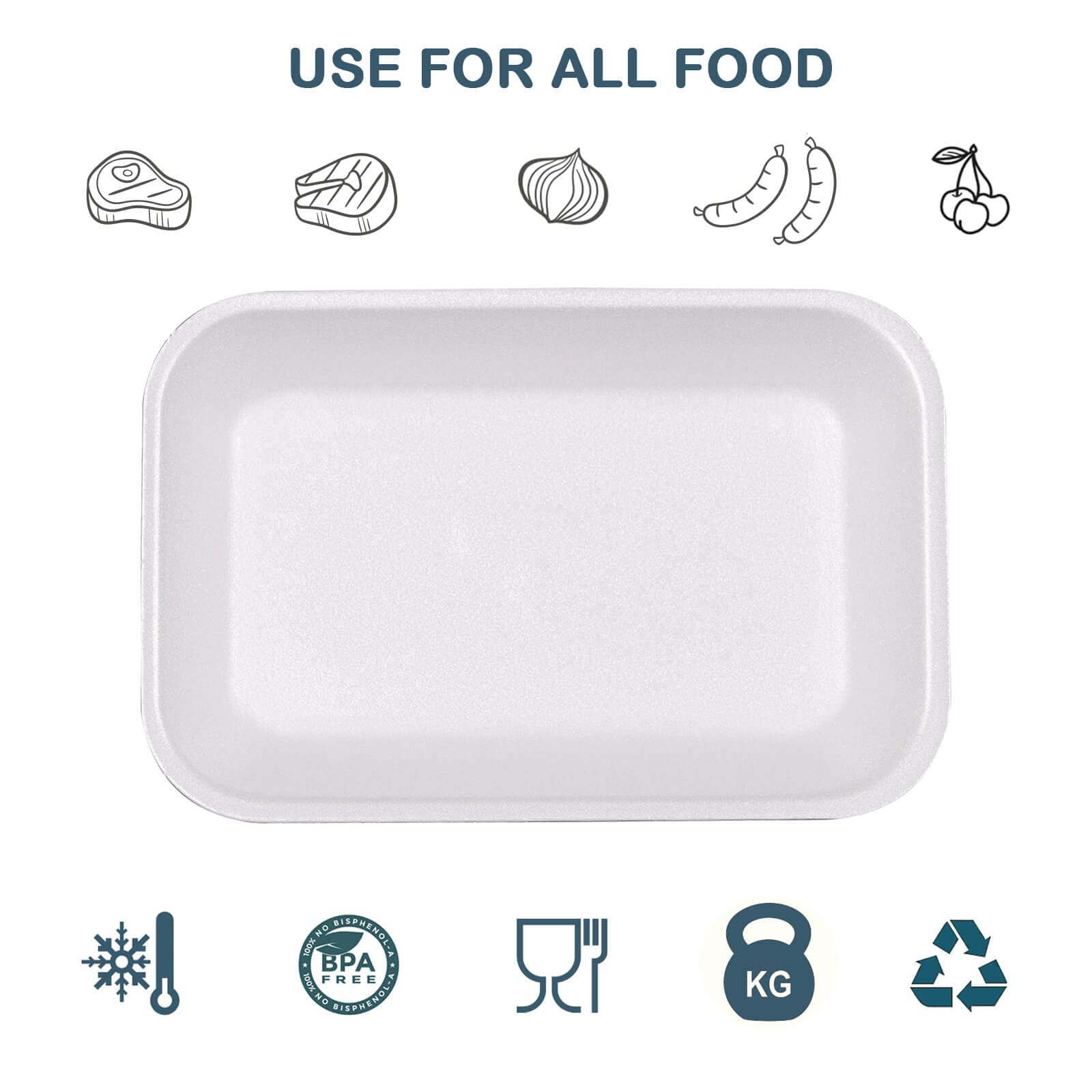 RIKICACA White Styrofoam Meat Trays (25pcs/Pack - 7.87" x 5.11" x 0.9") with White Meat Absorbent Pad, Disposable Small Foam Meat Trays for Food.