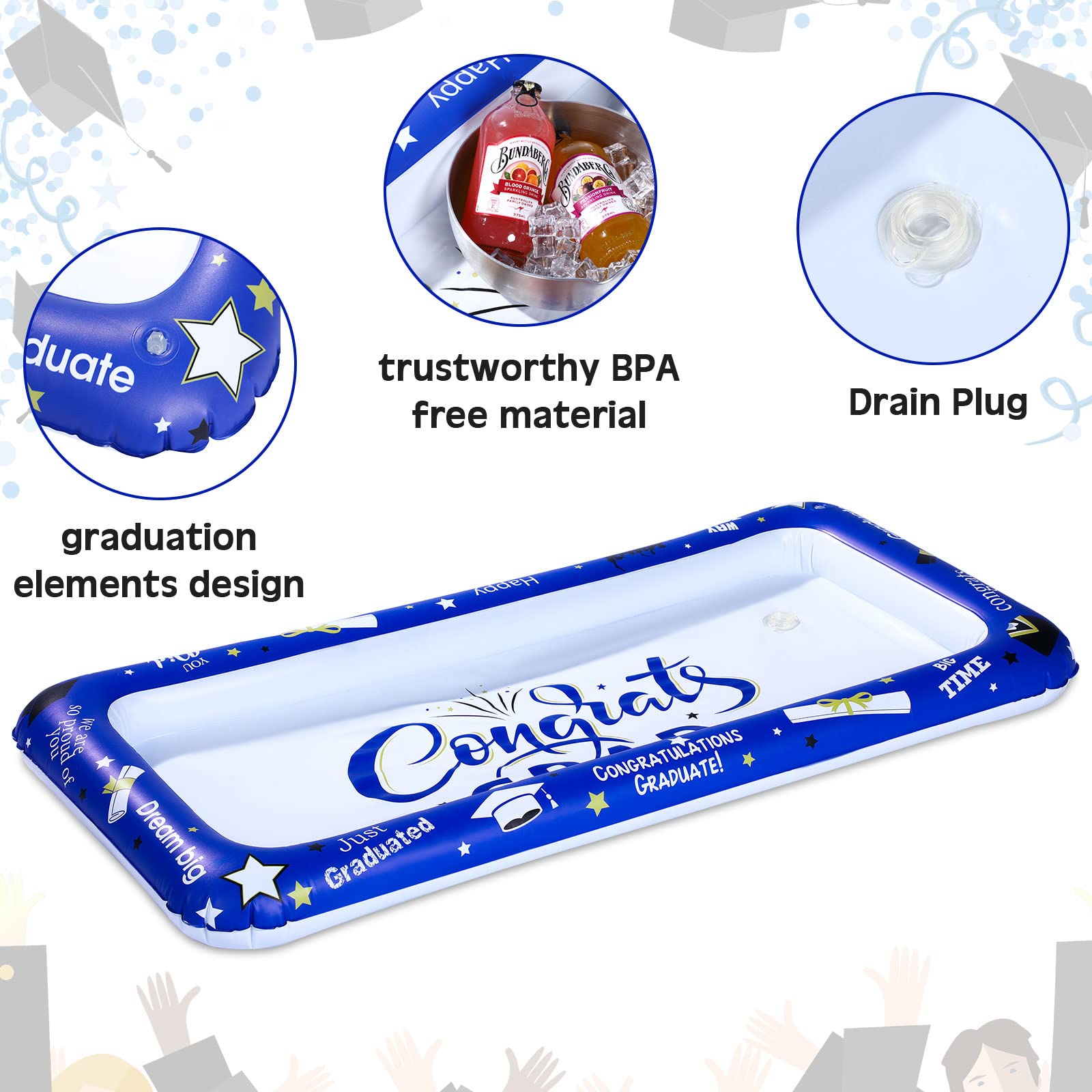 Treela 2 Pack Blue Congrats Graduation Inflatable Cooler, Serving Bar, Ice Chest, BPA Free