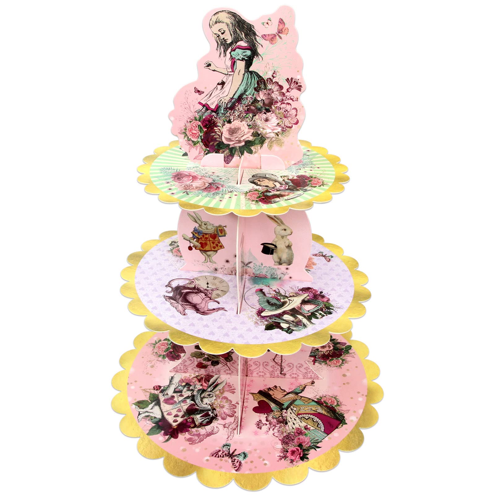 Alice 3-Tier Cardboard Cupcake Stand Holder Dessert Tower Decorations Round Serving Tray Birthday Mad Hatter Tea Party Supplies Baby Shower Wedding