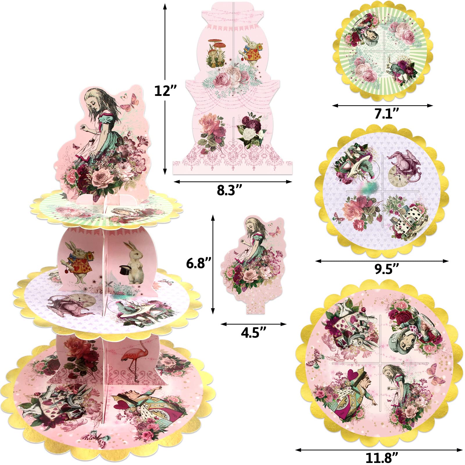 Alice 3-Tier Cardboard Cupcake Stand Holder Dessert Tower Decorations Round Serving Tray Birthday Mad Hatter Tea Party Supplies Baby Shower Wedding