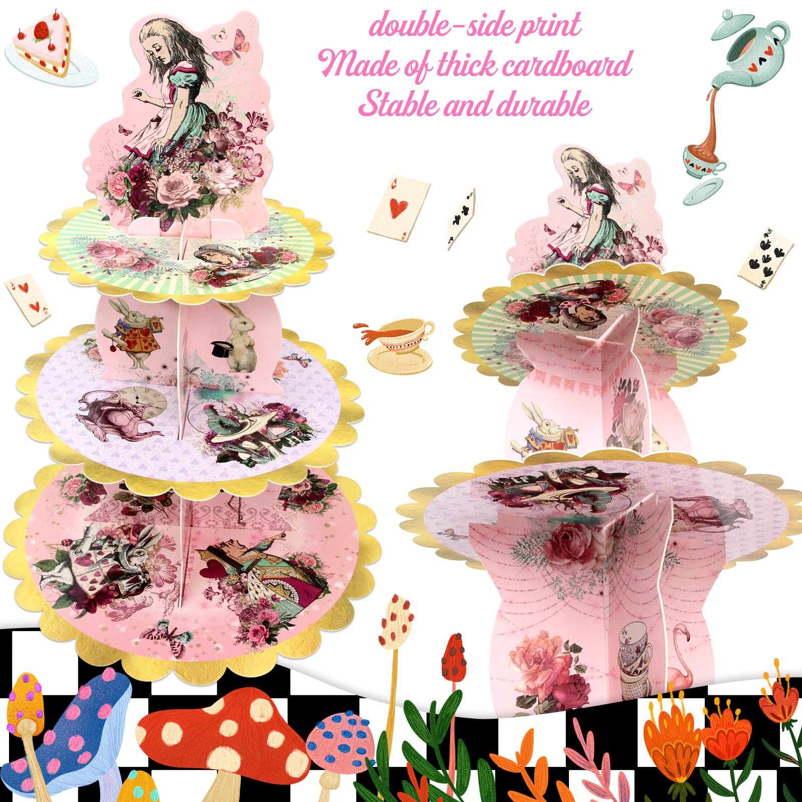 Alice 3-Tier Cardboard Cupcake Stand Holder Dessert Tower Decorations Round Serving Tray Birthday Mad Hatter Tea Party Supplies Baby Shower Wedding