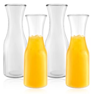 kitchen lux glass carafe, 1 liter drink pitcher & elegant wine carafe decanter, carafe set of 4, mimosa bar carafes & juice glasses, easy pour bottles, glass water carafe, 34 oz