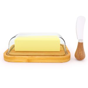 gorgin butter dish with lid for countertop and refrigerator freshness-glass butter dish with thick bamboo plate-butter tray-covered butter dish-glass butter dish with lid - (medium)