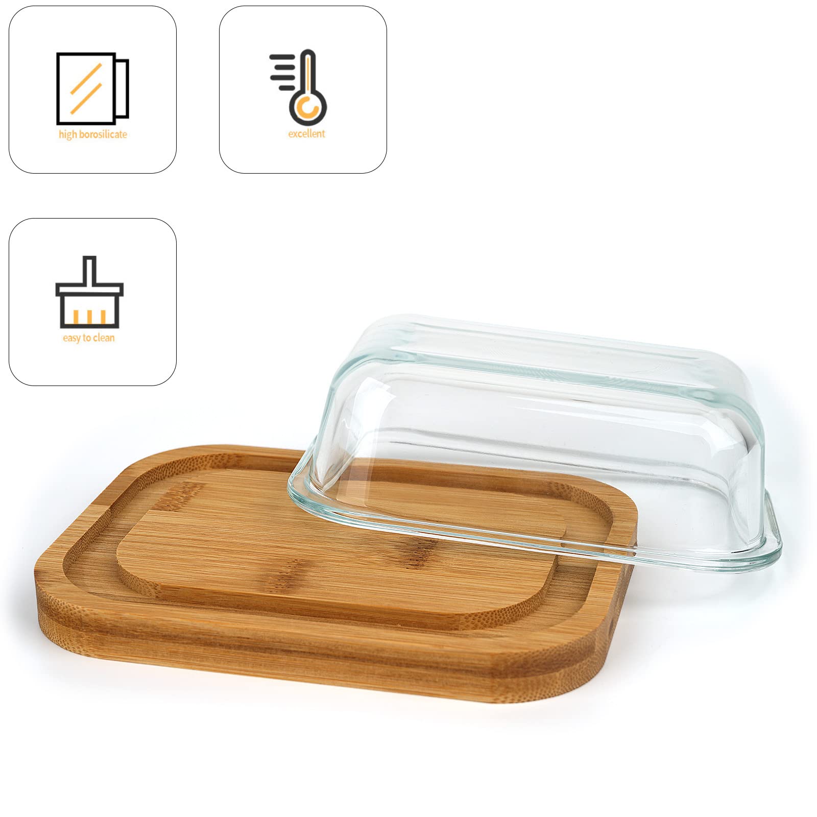 GorGin Butter Dish with Lid for Countertop and Refrigerator Freshness-Glass Butter Dish with Thick Bamboo Plate-Butter Tray-Covered Butter Dish-Glass Butter Dish with Lid - (Medium)