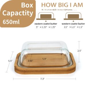 GorGin Butter Dish with Lid for Countertop and Refrigerator Freshness-Glass Butter Dish with Thick Bamboo Plate-Butter Tray-Covered Butter Dish-Glass Butter Dish with Lid - (Medium)