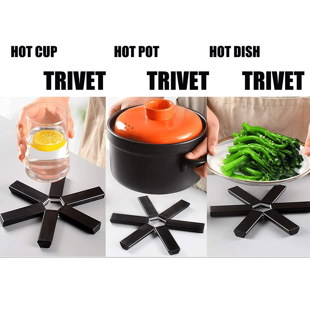 Mcles 3 Pack Trivet for Hot Dishes Collapsible Hot Pad Non-Slip Heat-Insulating Placemat,Heat-Resistant Folding Pad, Eco Expanding Silicone Pot Holder for Household Kitchen Gadgets, Black