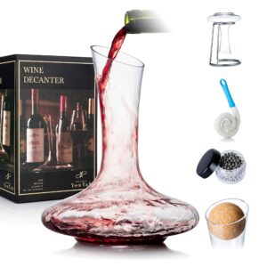 youyah wine decanter set with drying stand,stopper,brush and beads,red wine carafe,wine aerator,wine gifts,wine accessories,hand-blown 100% lead-free crystal glass