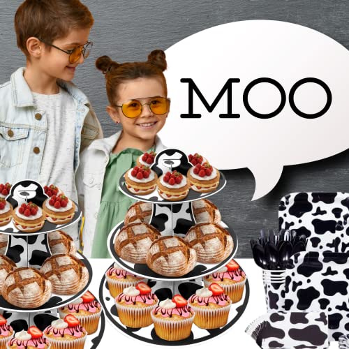 2 PCS 3-Tier Cow Print Stands Cardboard Cow Print Round Cardboard Stand Farm Animal 2 Cow Print Cupcake Stands 3 Tier Cupcake Holder Perfect for Cow Boy Party Cow Print Supplies