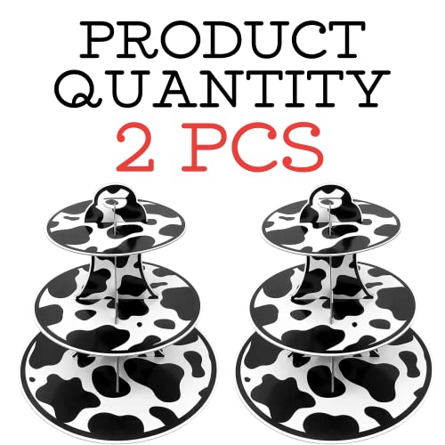 2 PCS 3-Tier Cow Print Stands Cardboard Cow Print Round Cardboard Stand Farm Animal 2 Cow Print Cupcake Stands 3 Tier Cupcake Holder Perfect for Cow Boy Party Cow Print Supplies