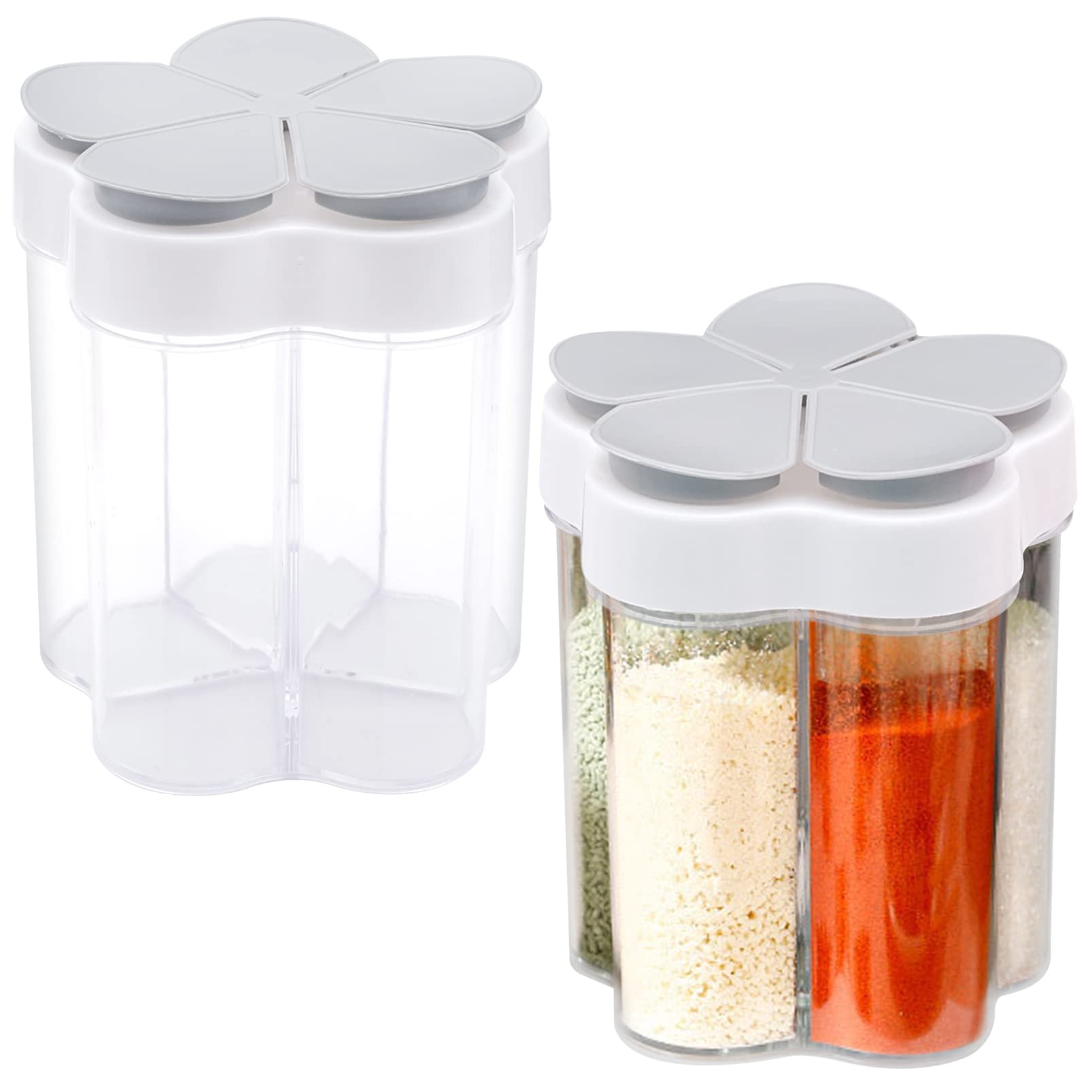 2 PCS Travel Spice Containers, 5 in 1 Camping Seasoning Jars, Clear Plastic Condiment Bottle for Camper, Hiking, BBQ, Picnic