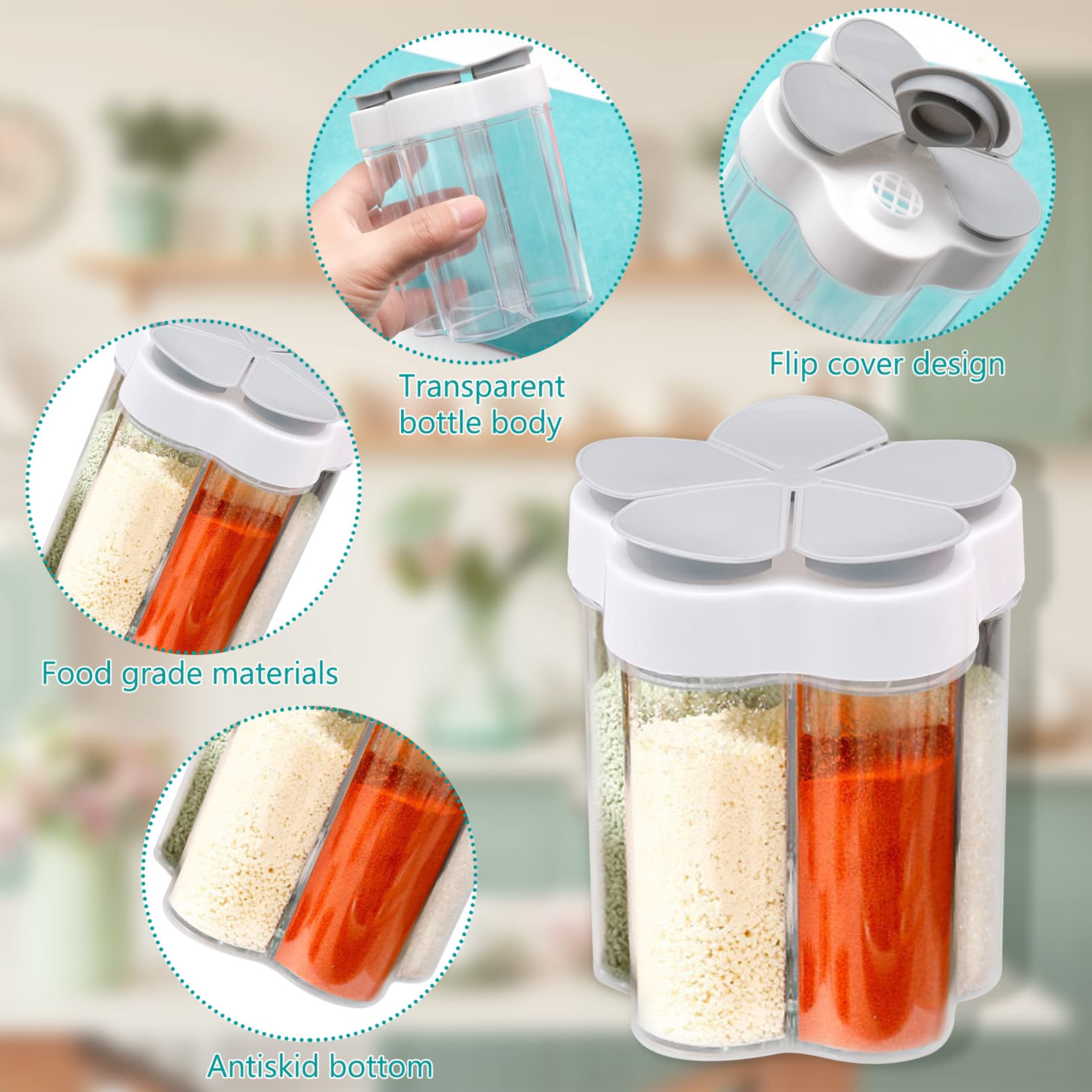 2 PCS Travel Spice Containers, 5 in 1 Camping Seasoning Jars, Clear Plastic Condiment Bottle for Camper, Hiking, BBQ, Picnic