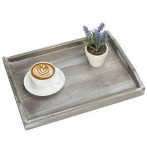 MyGift Rustic 12 x 16 inch Gray Wood Decorative Serving Tray with Handles, Rectangular Coffee Table Tray, Breakfast Tray