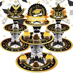 treela 3 pieces graduation cupcake stands 3 tier round cardboard cupcake stand 2023 black and gold grad decorations theme dessert stand holder for graduation party supplies favors