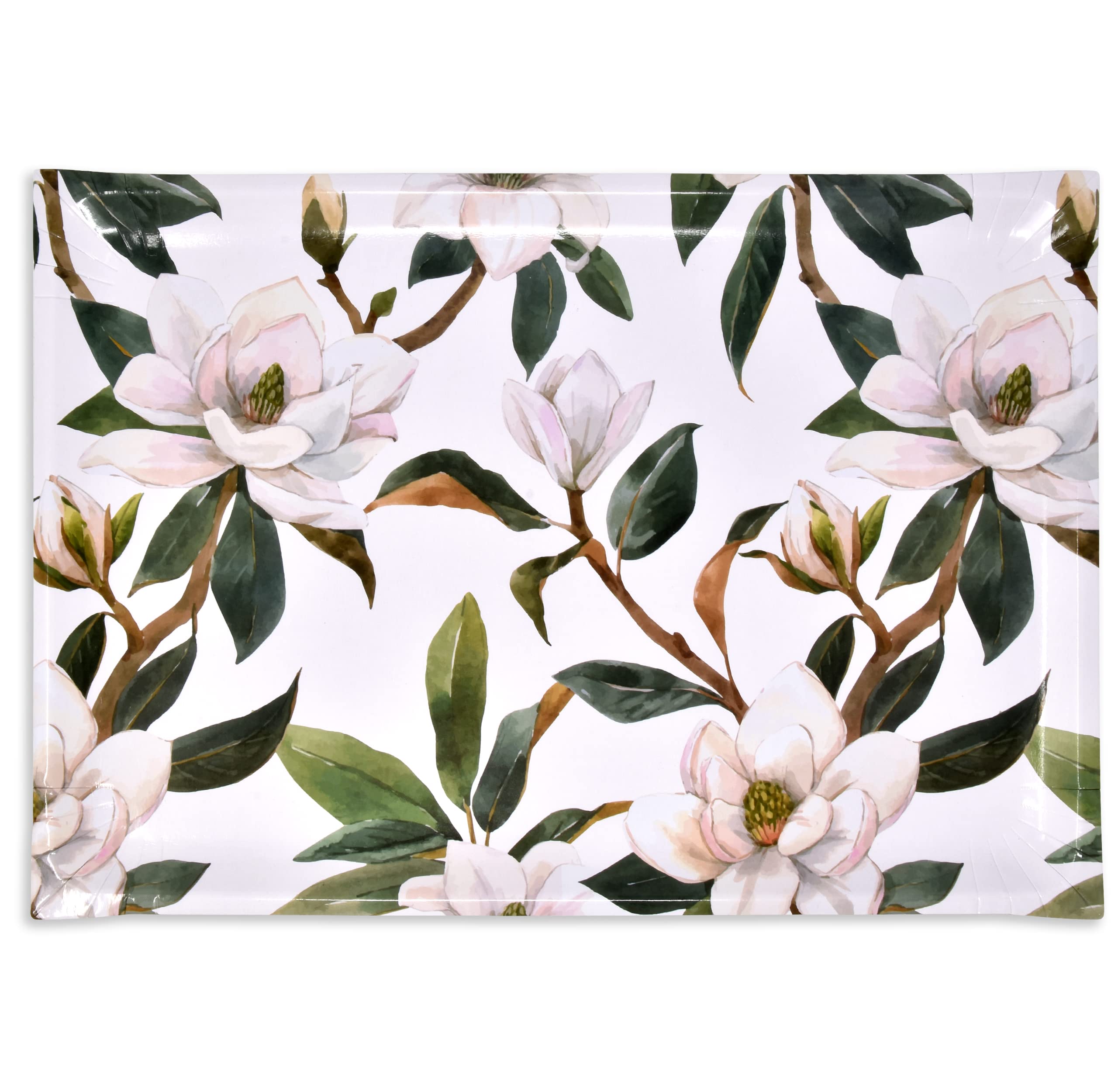 Gift Boutique 10 Disposable White Floral Serving Trays Large 10.75" X 15.75" Heavy Duty Rectangle Paper Cardboard Magnolia Tray for Dessert Platter Cupcake Display Birthday Party Tableware Supplies